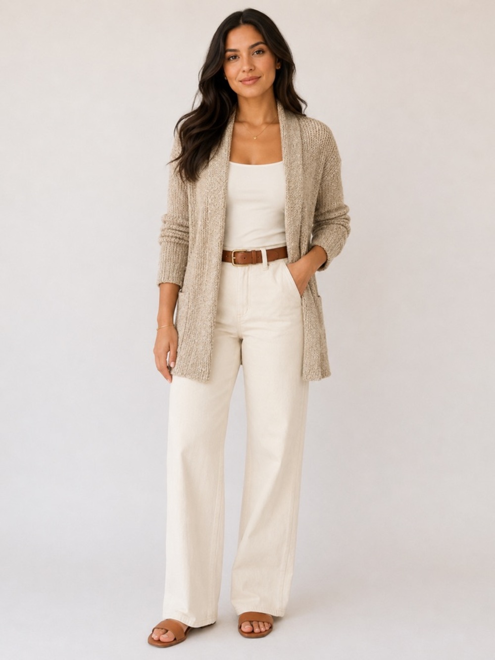 Eileen Fisher Neutral Beige Open Front Knit Cardigan Linen Blend Size Medium